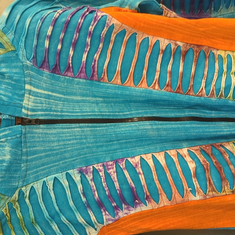 Rising International Boho Blue Orange Art to Wear Tie Dye Full Zip Hoodie - Picture 5 of 12